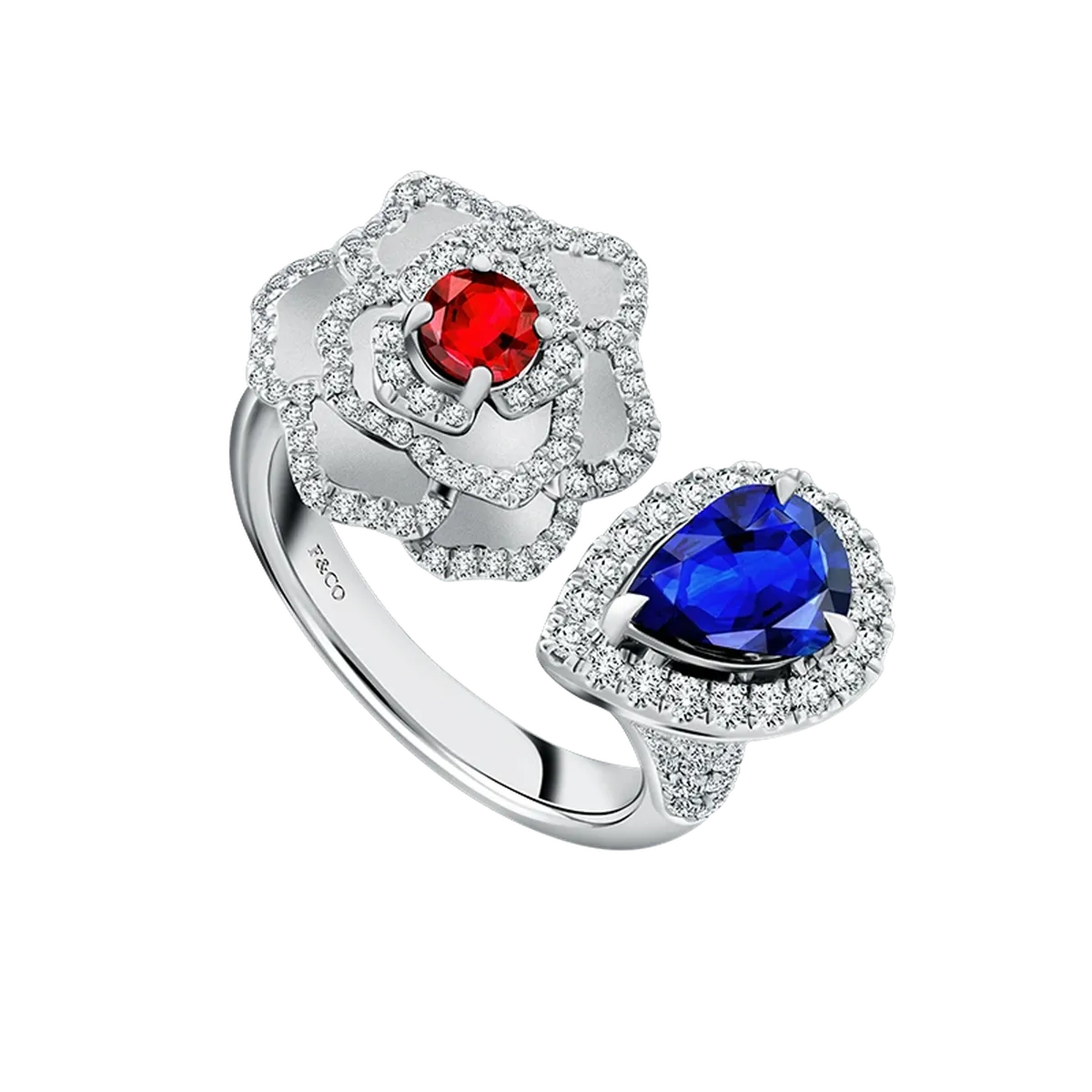 Cincin Fleur de Frank Passion Fleurie Motif Bunga Hibiscus dengan Round Shaped Ruby dan Pear Shaped Blue Sapphire