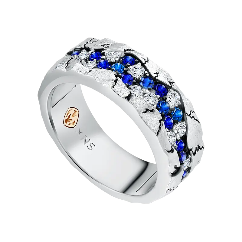 MONDIAL Precious Fire Lavart Vein Men's Ring dengan Blue Sapphire dan Diamond Round Cut