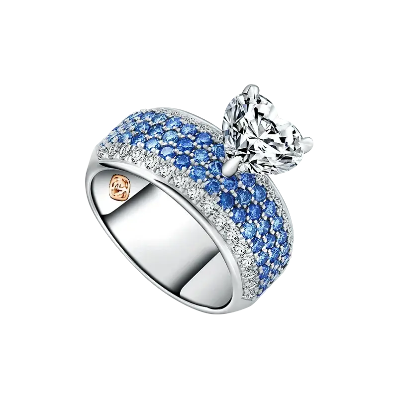Model Cincin Lamaran MONDIAL dengan Potongan Bentuk Heart dan Hiasan Blue Color Diamond yang Memukau