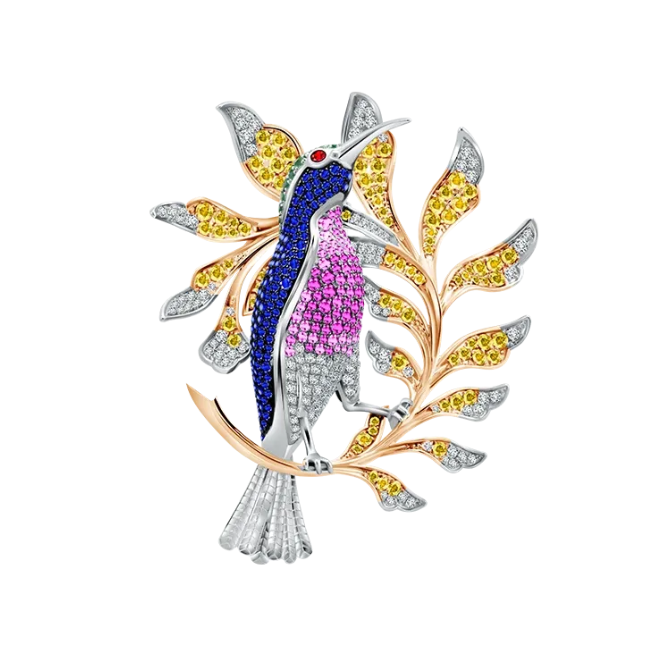 Fancy Color pada Bros ini Memancarkan Keindahan Berlian Kuning dan Safir Warna Warni