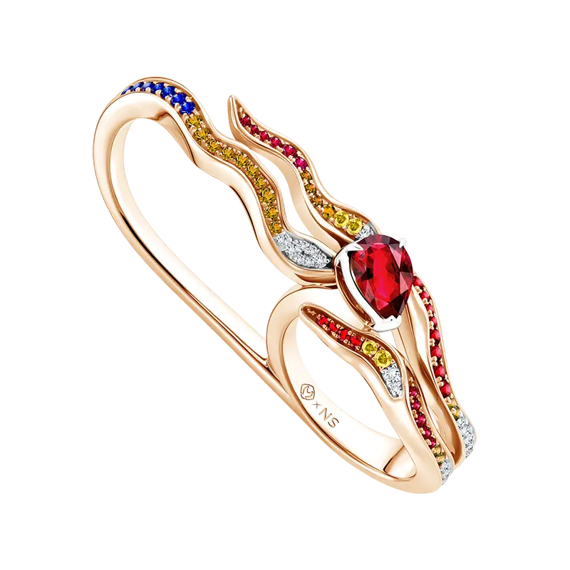 Flame Ladies Ring MONDIAL Precious Fire dengan Ruby dan Blue Sapphire Berbentuk Nyala Api
