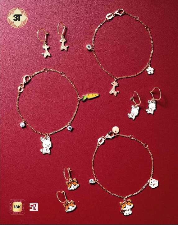 Set Gelang Emas-Anting yang Imut dan Manis dengan Charm Hewan