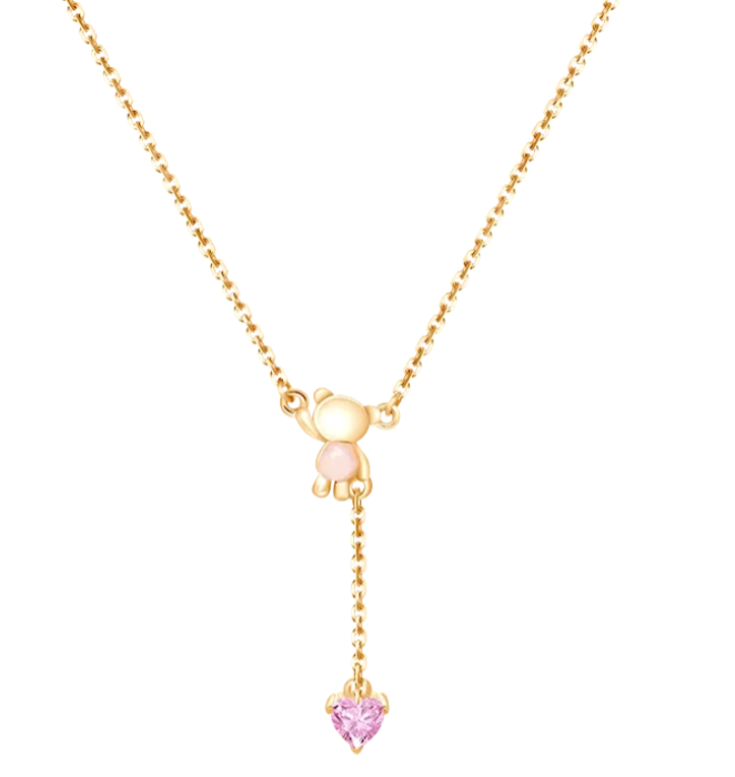 Kalung Emas Anak Teddy Bear Pink Heart Berhiaskan Permata Pink